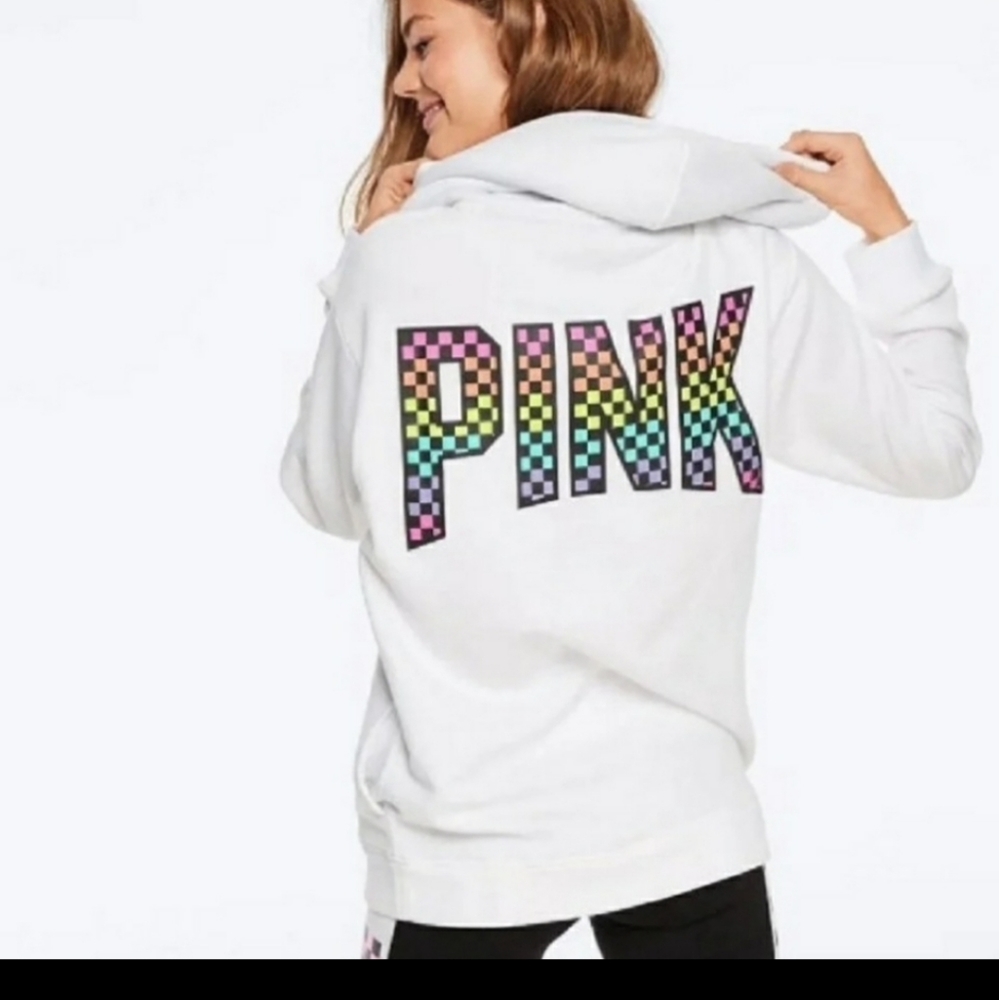 Victoria's Secret PINK Rare Rainbow Checkerboard Hoodie L
